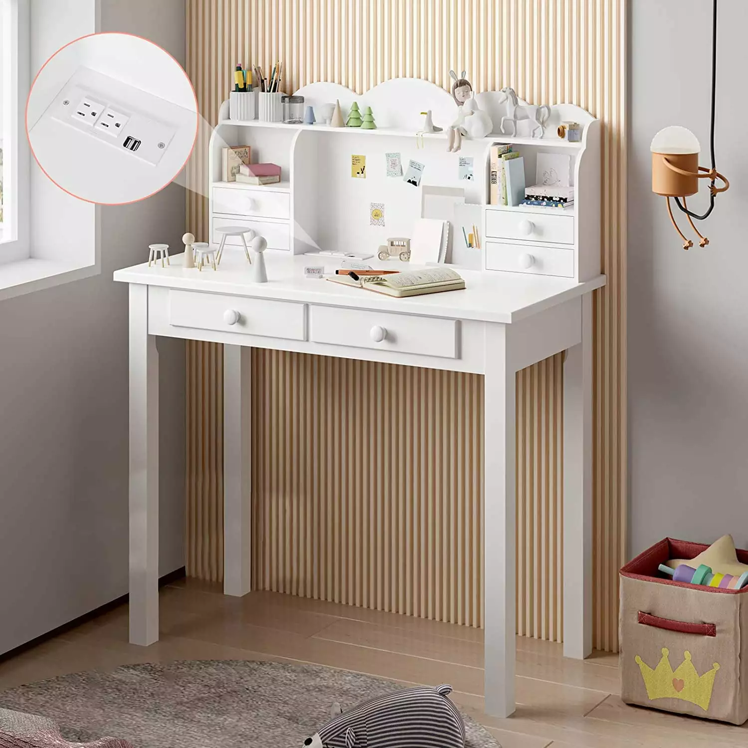 Small White Writing Desk Hutch USB Ports and Drawers Kids FANZX