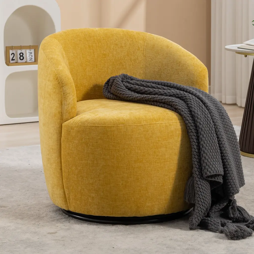 037 Chenille Fabric Swivel Accent Armchair Black Powder Coated Base dg collection
