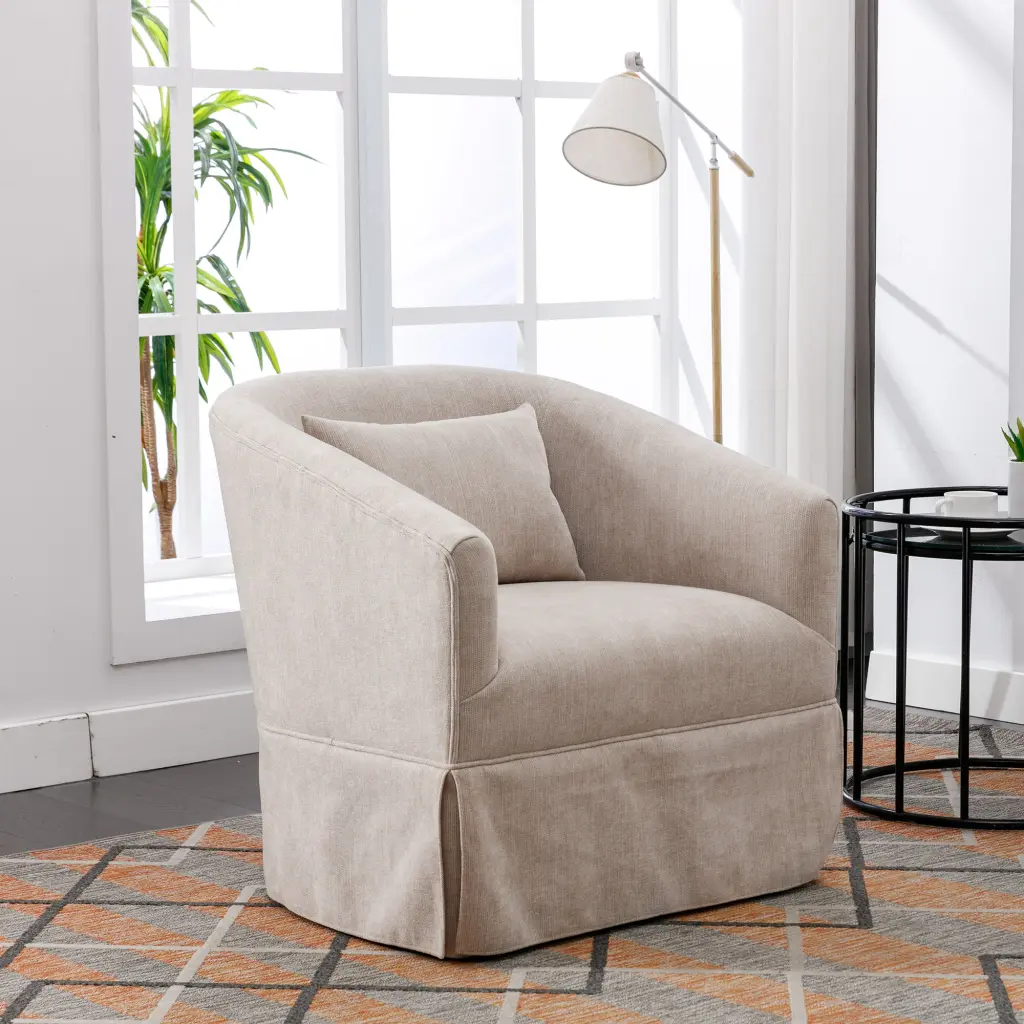 360 Degree Swivel Accent Armchair Linen Blend Beige Foam Upholstered Living Room Chair homemax