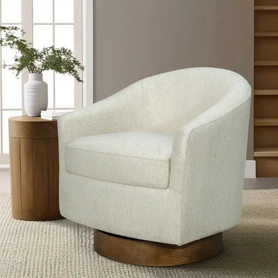 Upholstered Swivel Chair Wood Base Cream jla