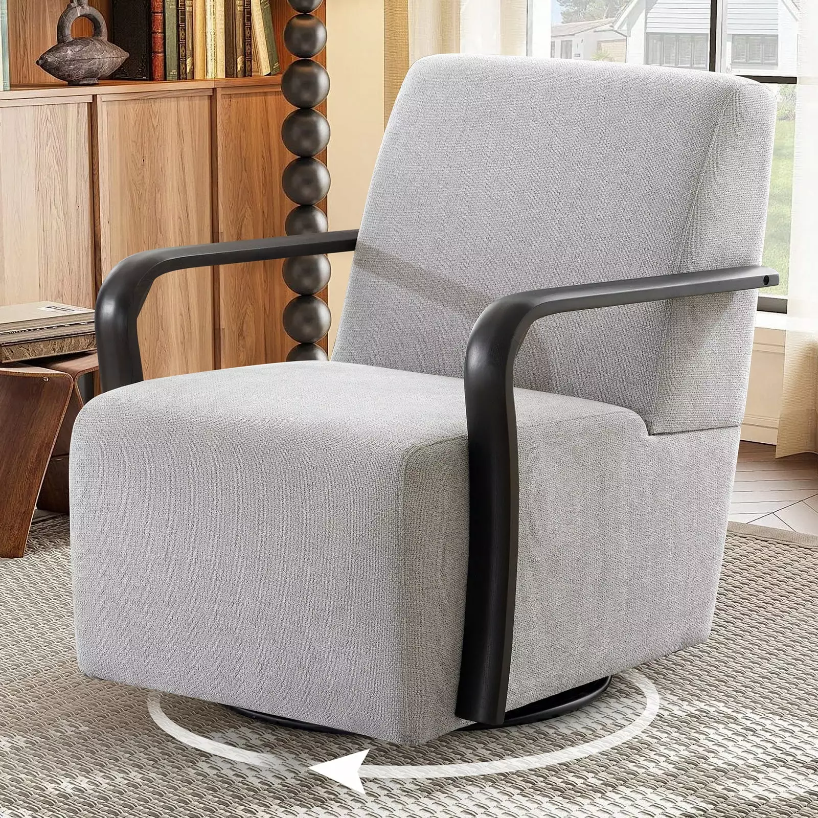 JULY'S SONG 30.5W Swivel Chair - Modern Accent Chair Wood Arm and Heavy Duty Base Light Gray