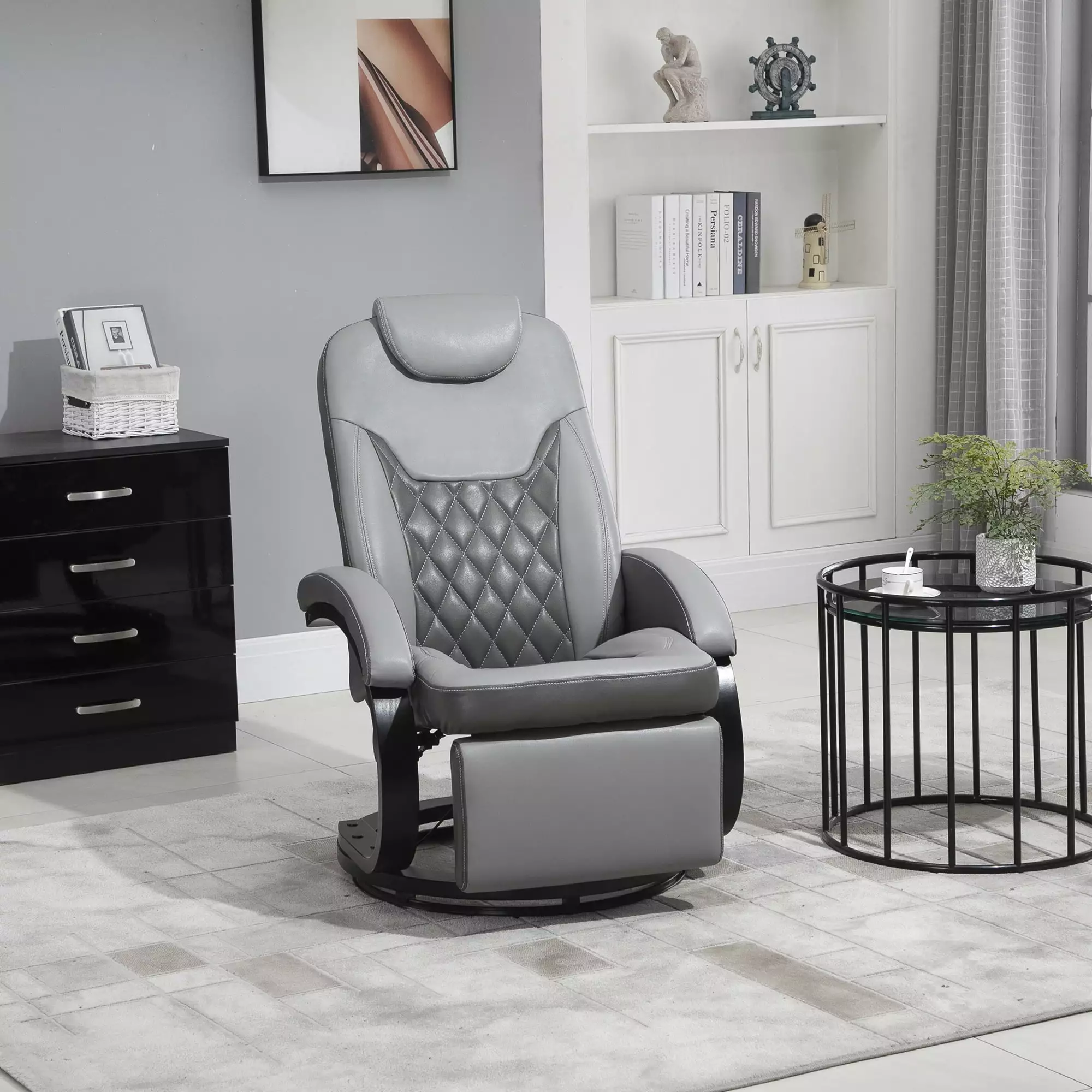 HOMCOM Faux Leather Manual Recliner. Adjustable Swivel Lounge Chair. Armchair Footrest and Round Base Living Room. Gray