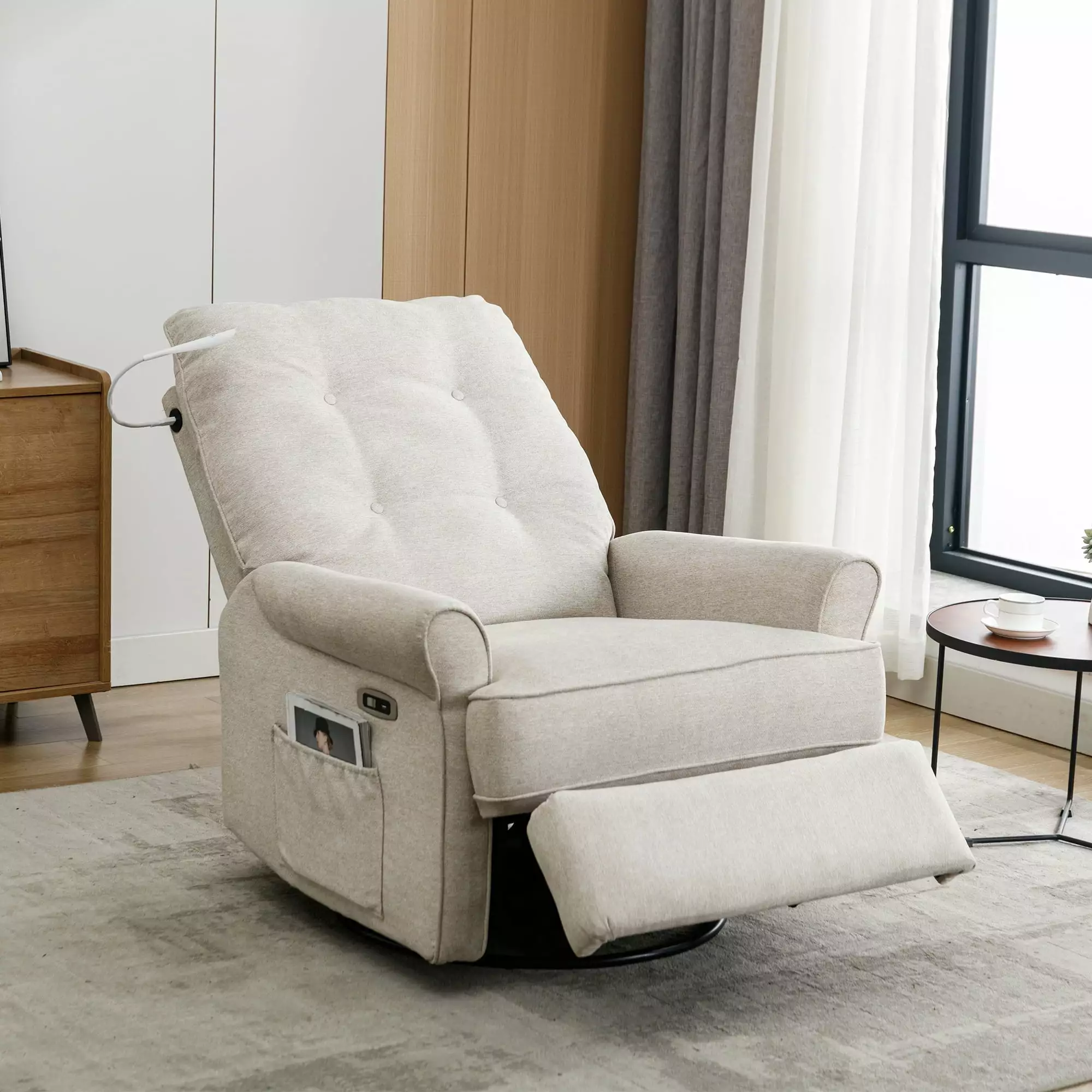270 Degree Swivel Recliner Chair USB Port and Touch Sensitive Lamp Cream Jamini