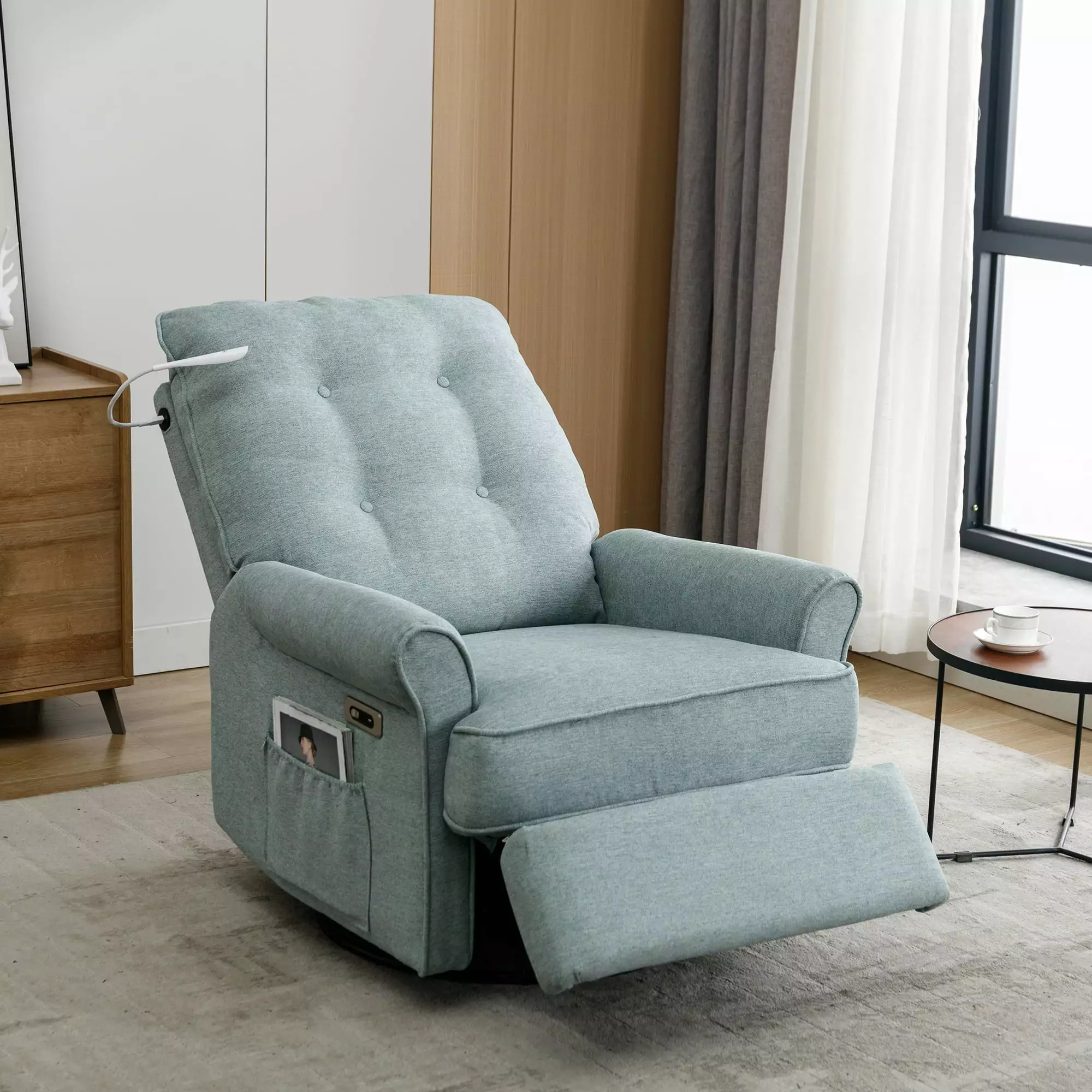 270 Degree Swivel Recliner Chair USB Port and Touch Sensitive Lamp Lotus Green Jamini