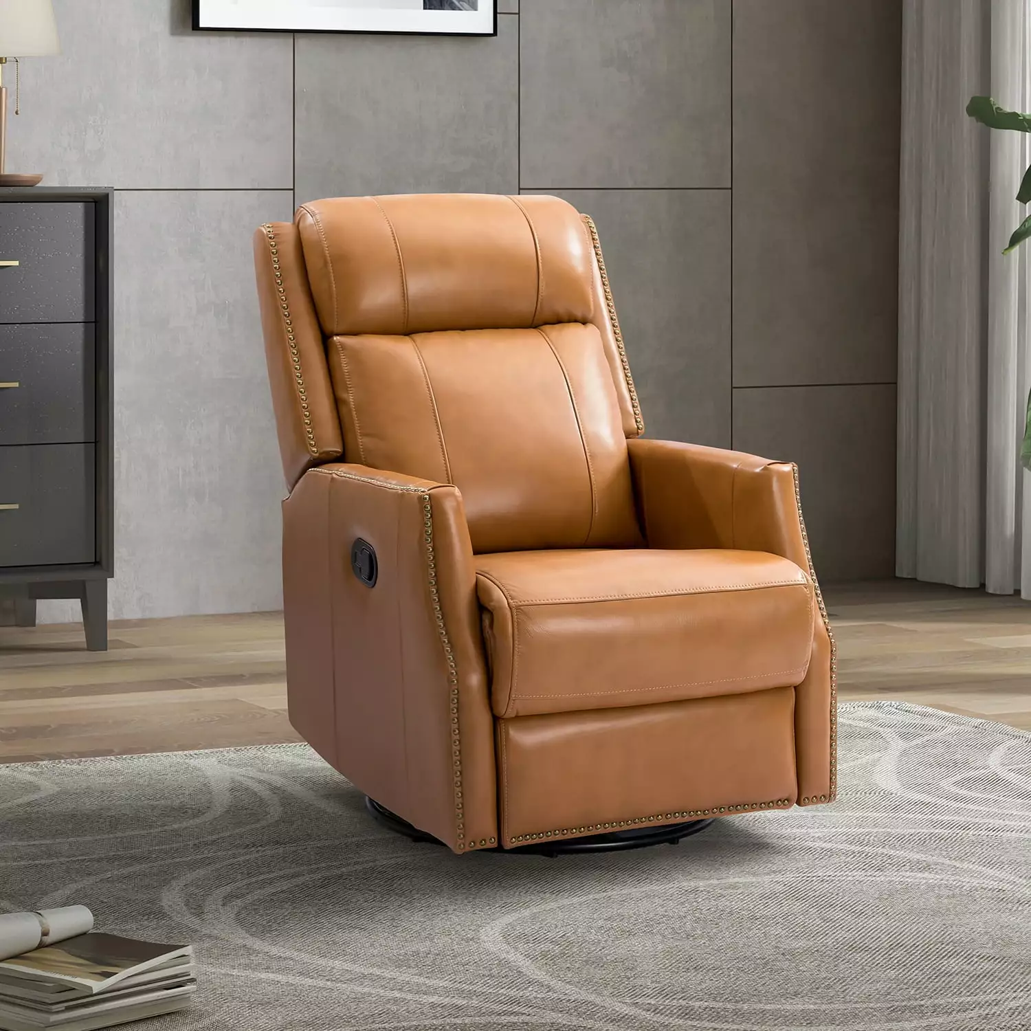 Hesperides Genuine Leather Manual Swivel Recliner Camel Jamini