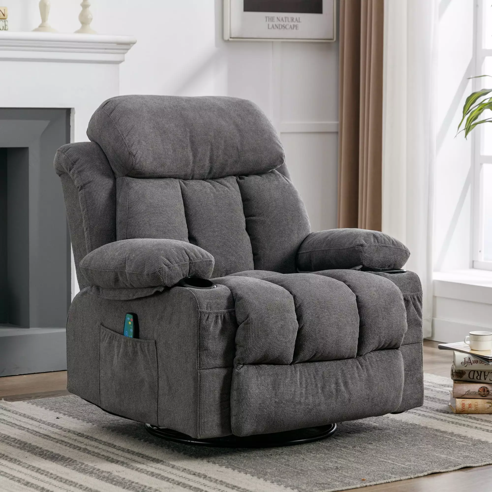 Grey Fabric Vanbow Swinging Heated Massage Recliner Sofa USB Charging and Cup Holders Ponnky