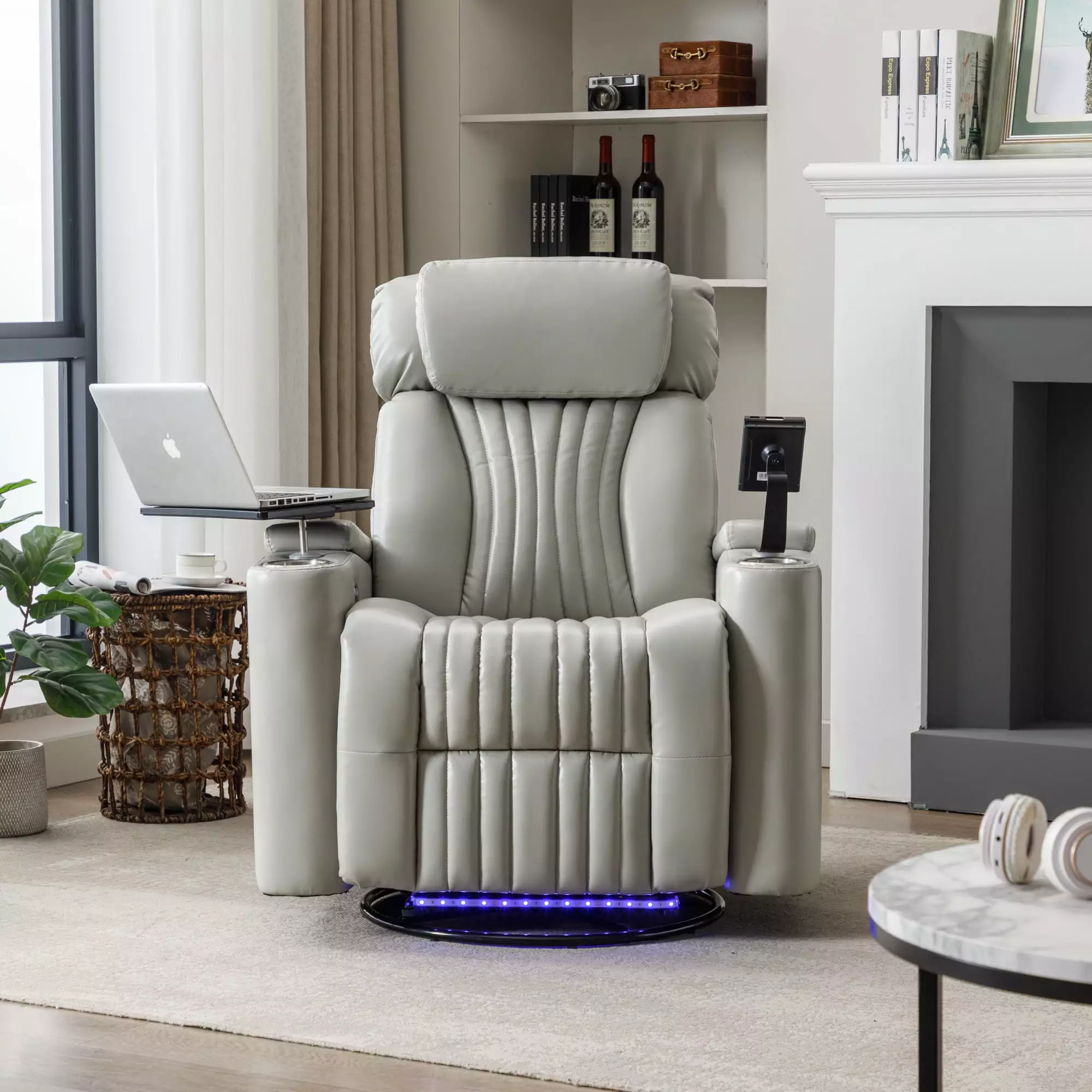 270° Power Swivel Recliner Hidden Arm Storage LED Light Strip Cup Holder 360° Swivel Tray Table Triple Tree