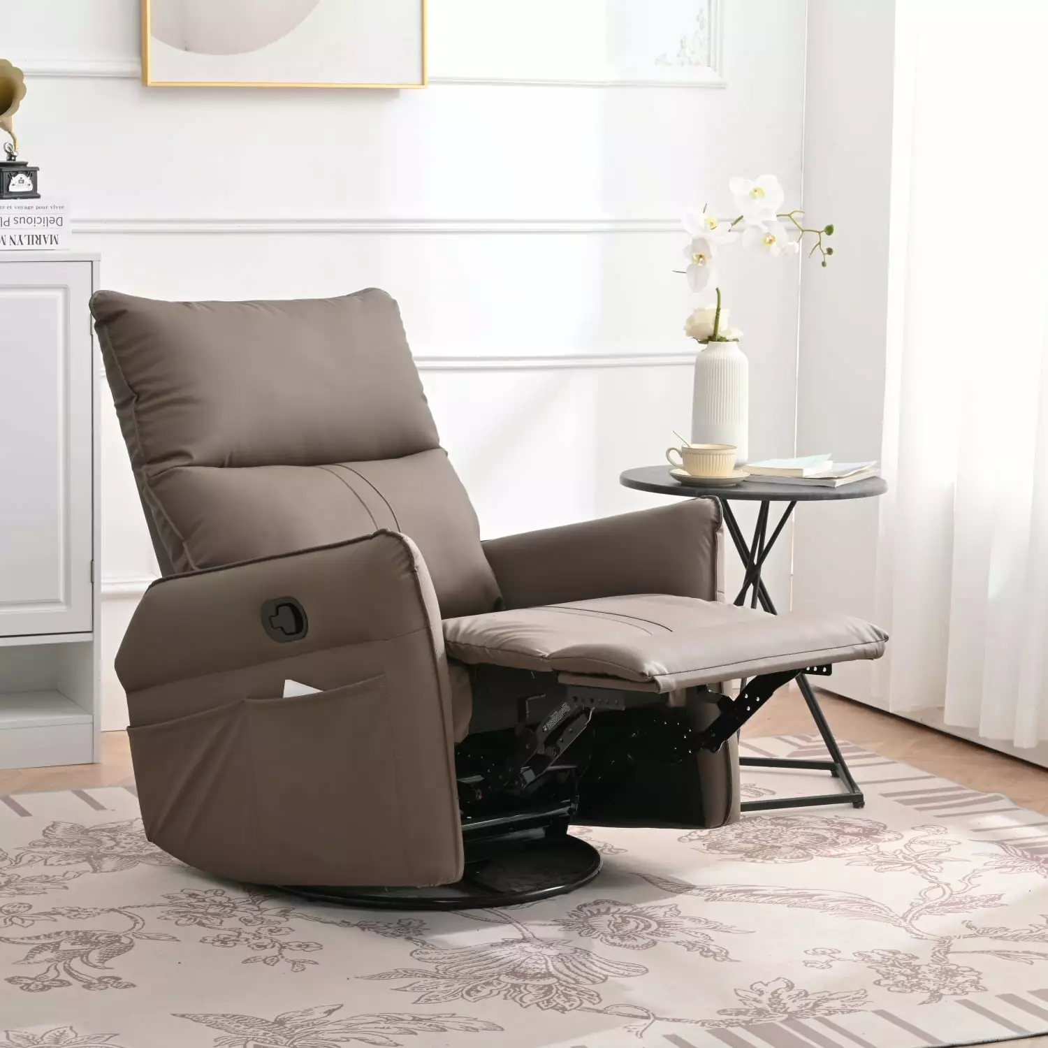 Brown Rocking Recliner Chair - 360 Degree Swivel Nursery Glider Side Pockets - Modern Small Swivel Recliner Bedroom Living...