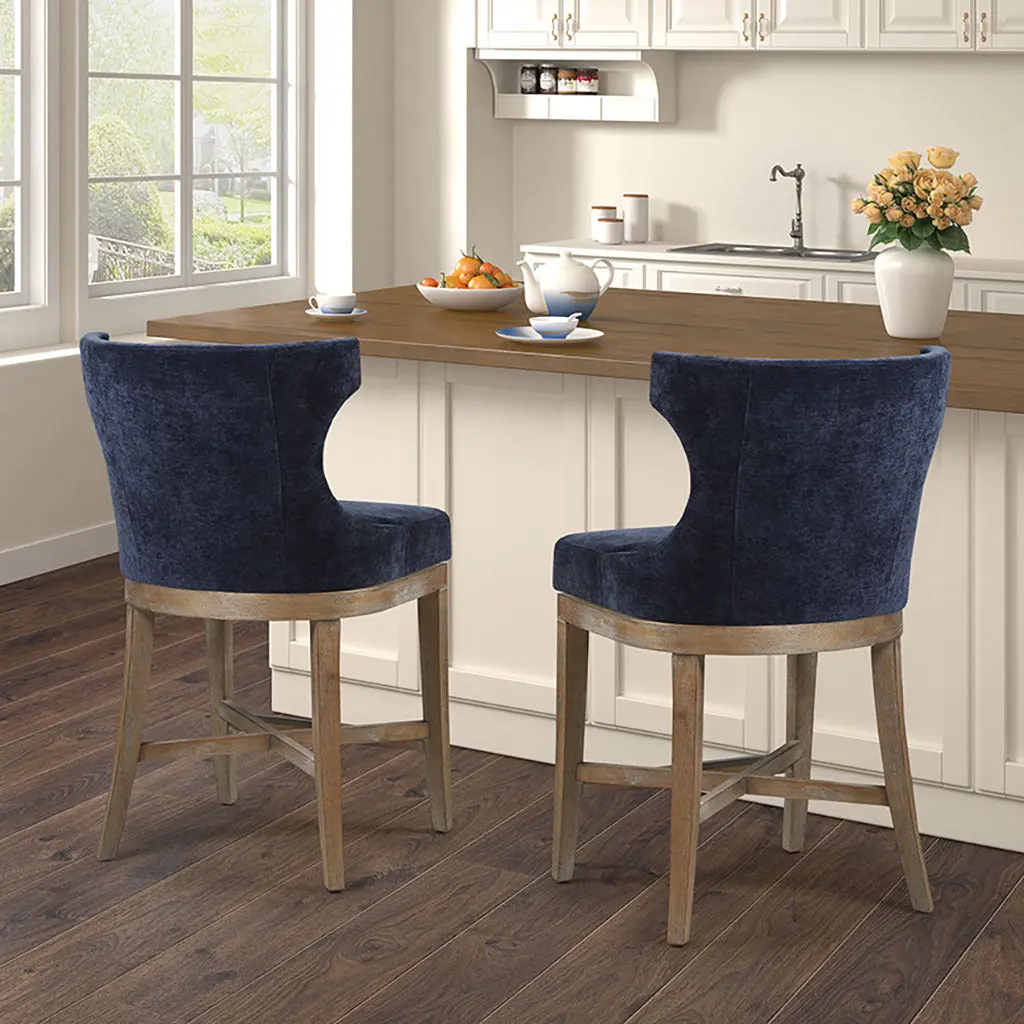 Counter Stool Swivel Seat Navy Polyester Bar Stool Kitchen Island Stool jla