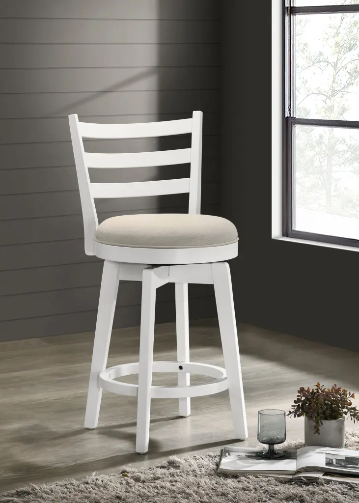 Joplin 20.5 Inch White Ladder Back Counter Height Swivel Chair Upholstered Seat lilola home