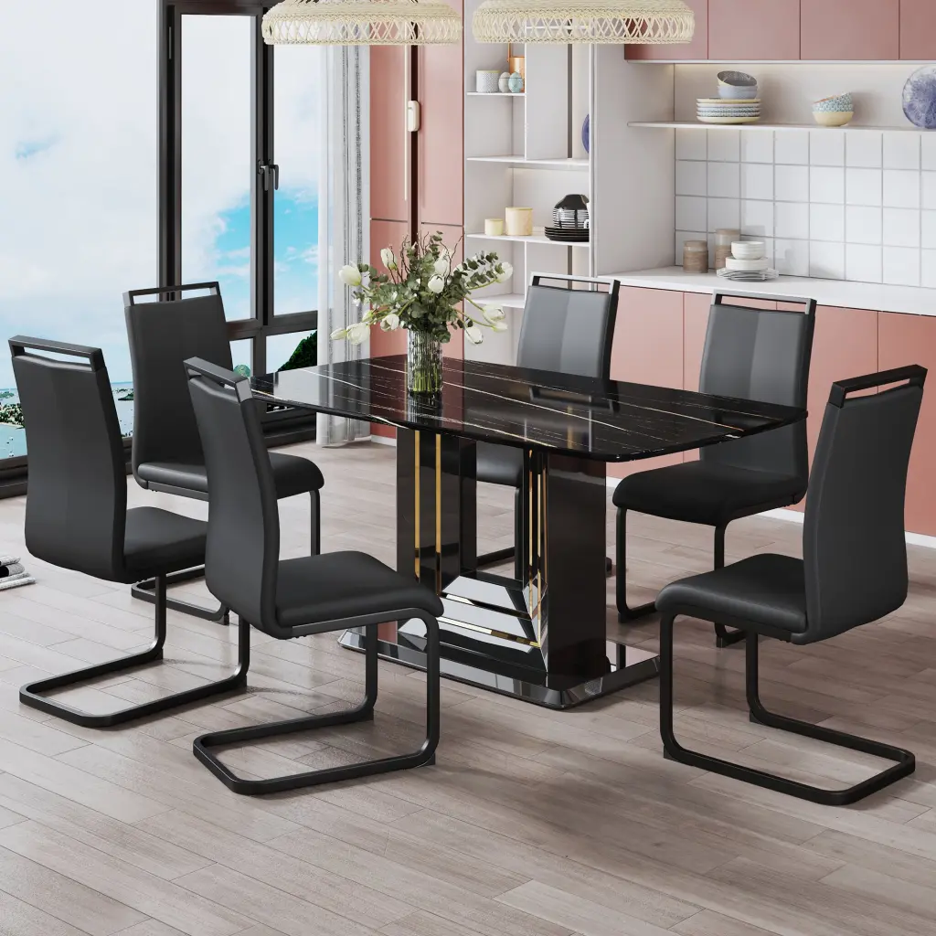 Dining Table and Six Chairs Black Imitation Marble Top Modern Set droom w-1151