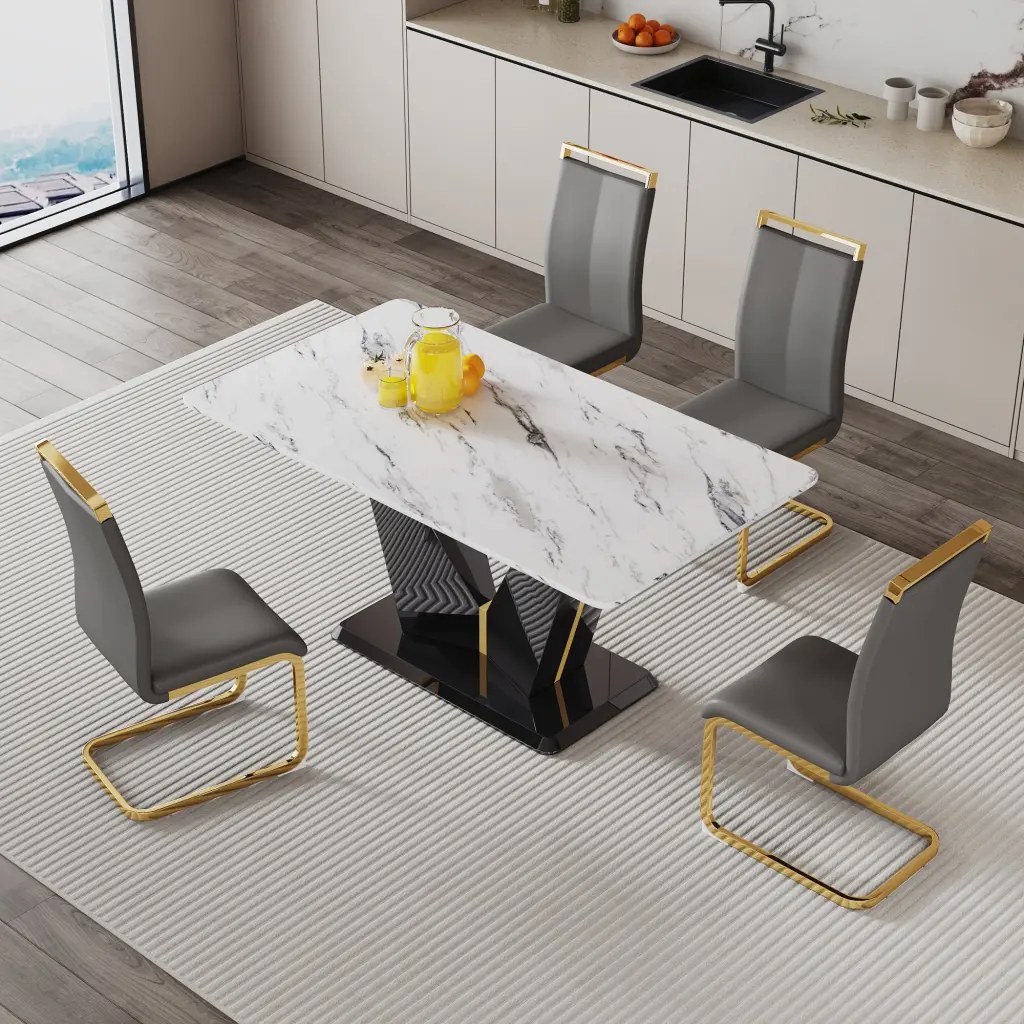 Table And Chair Set White Imitation Marble Texture Glass Tabletop Black Metal Frame Dining Set droom w-1151