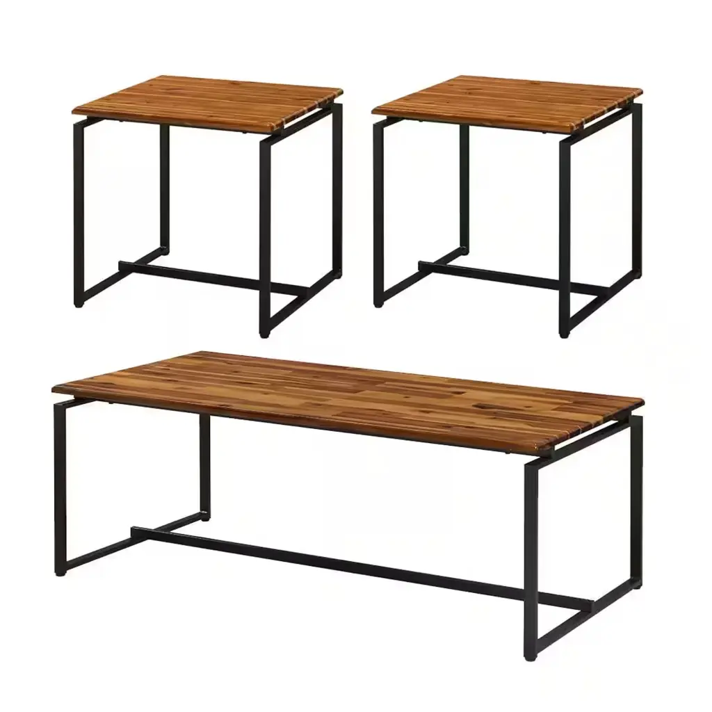 3 Piece Wooden Top Metal Frame Occasional Table Set Brown and Black Coffee Tables royal hampton