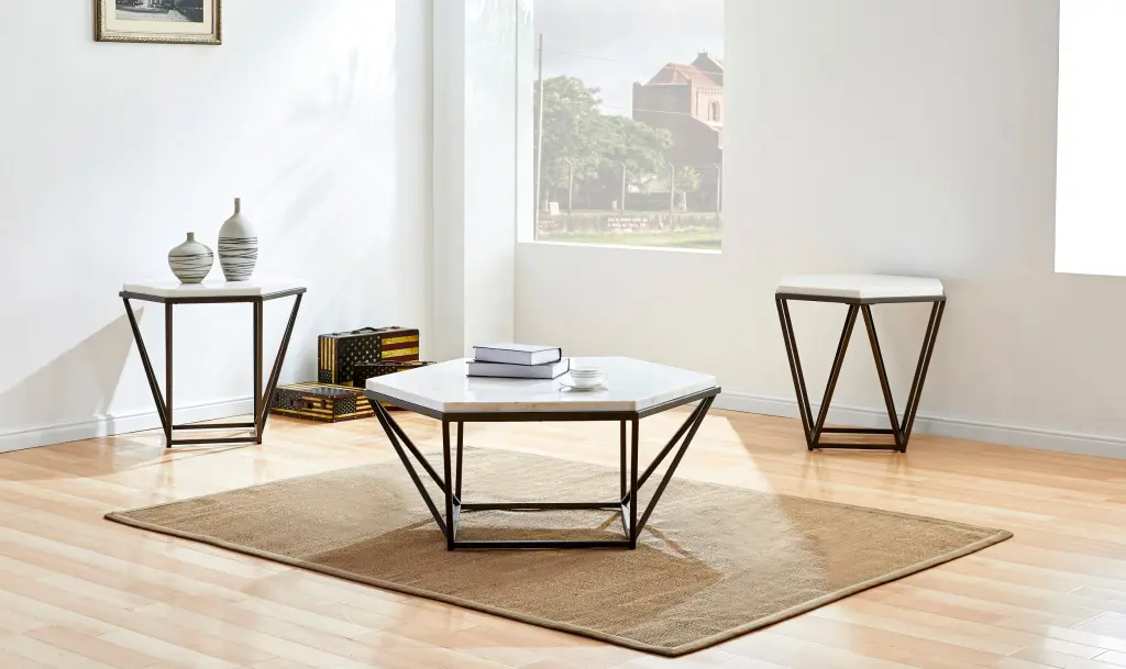 Corvus 3 Piece Table Set White Marble Hexagon Coffee Table Living Room steve silver furniture