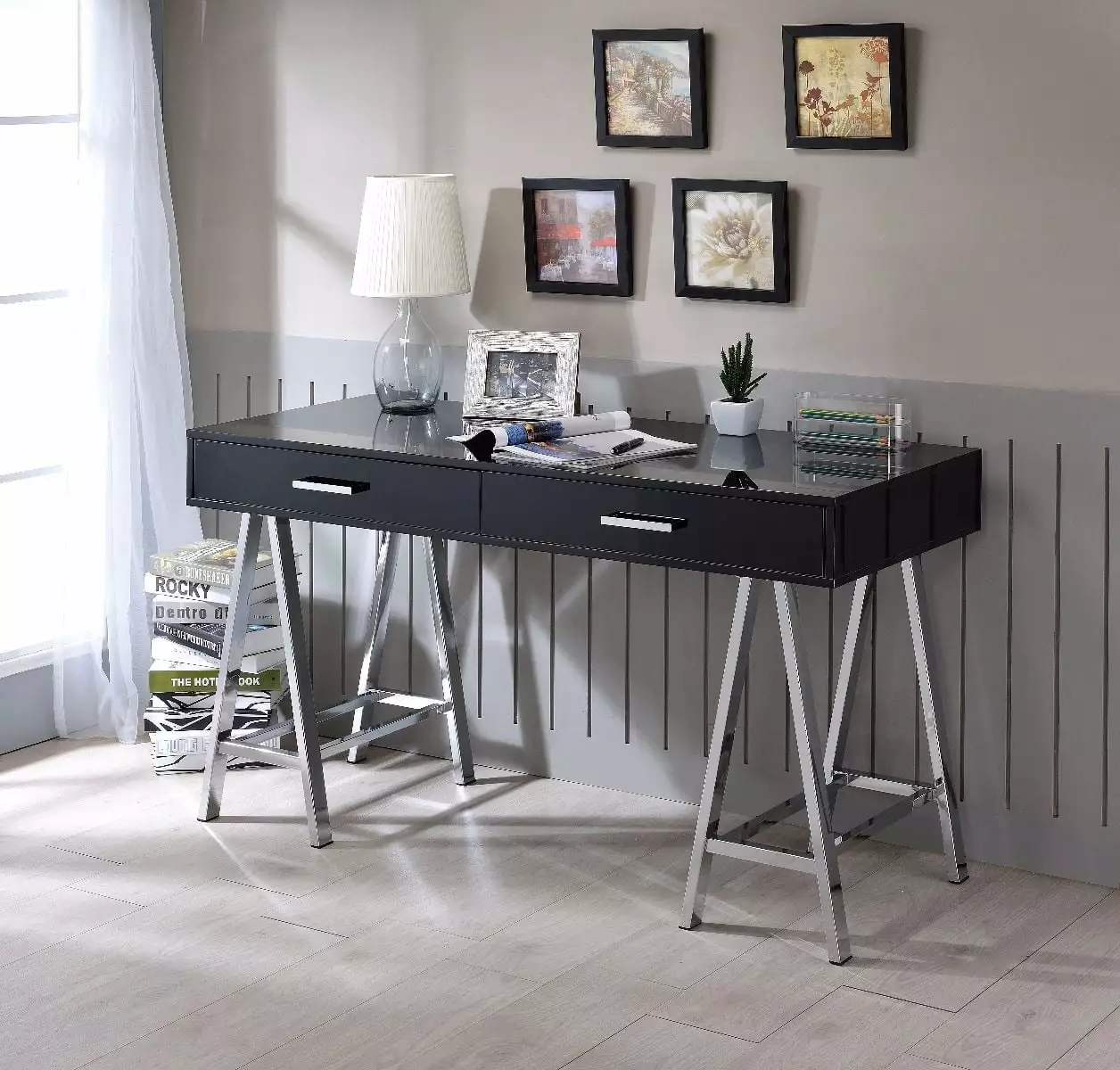 GeeHome Coleen Built- USB Port Writing Desk Black High Gloss & Chrome Finish - Modern Office Desk