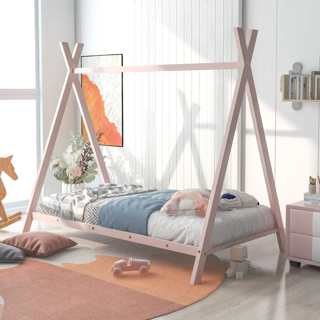 Houtilize Bed Tent Bed Frame Twin Size Metal Floor Play Bed Slats lucky furniture