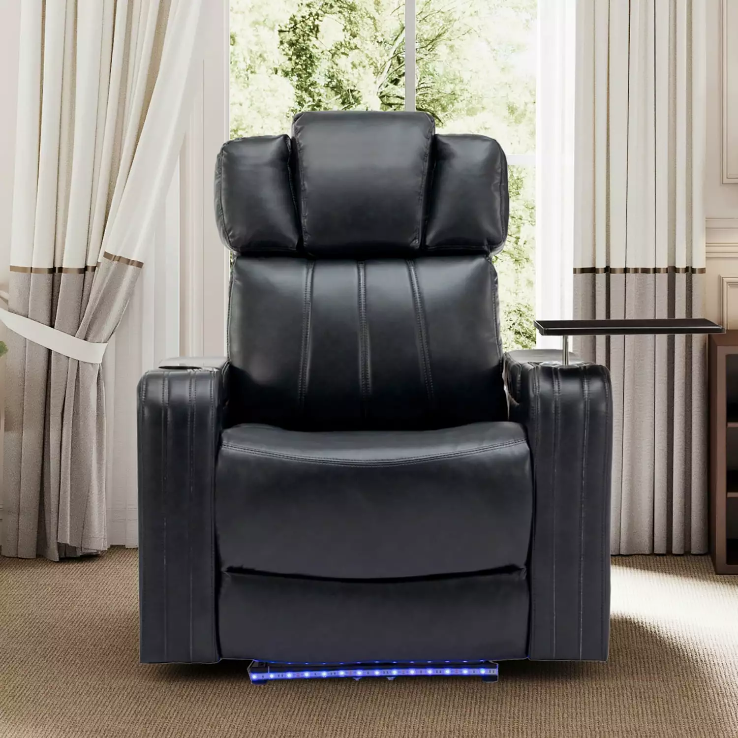 PU Leather Power Recliner Cooling Cup Holder Bluetooth Speaker and LED Lights Black Ponnky