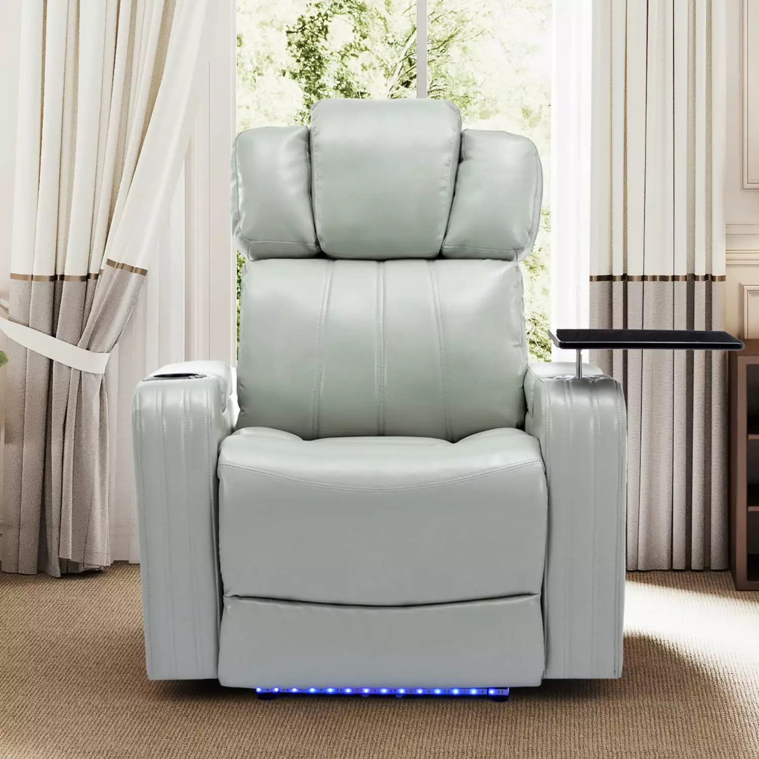 PU Leather Power Recliner Cooling Cup Holder Bluetooth Speaker and LED Lights Grey Ponnky
