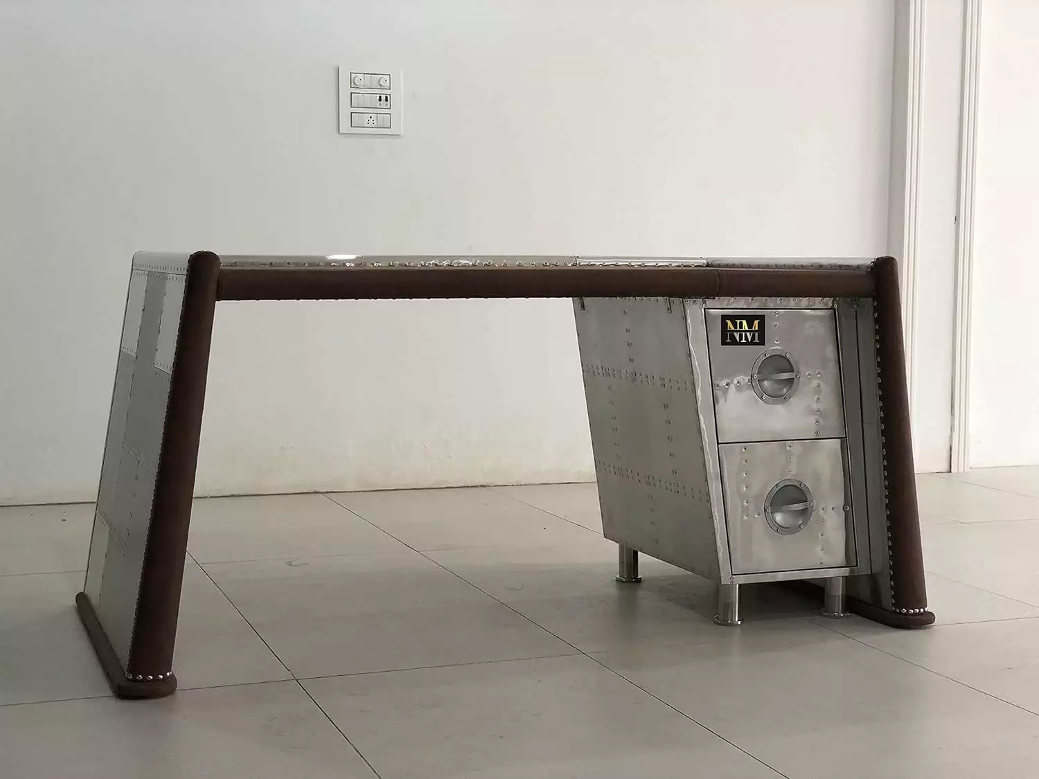 NauticalMart Brancaster Desk Distress Chocolate Top Grain Leather Aluminum Table Aviator Furniture