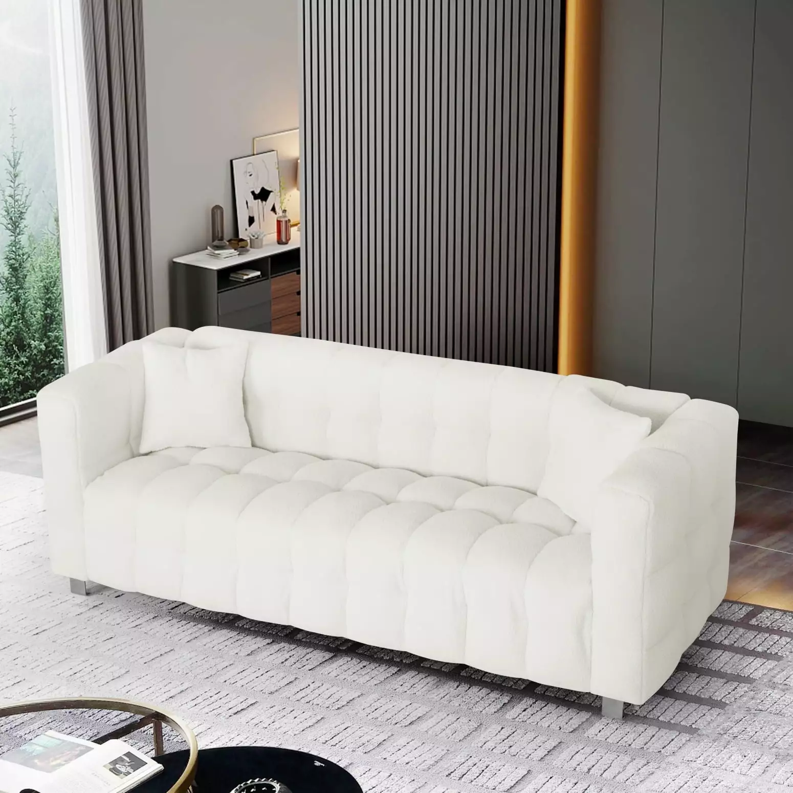 Beige Polyester Blend Sofa Seats Three Extended Armrests and Backrest Metal Support LMing