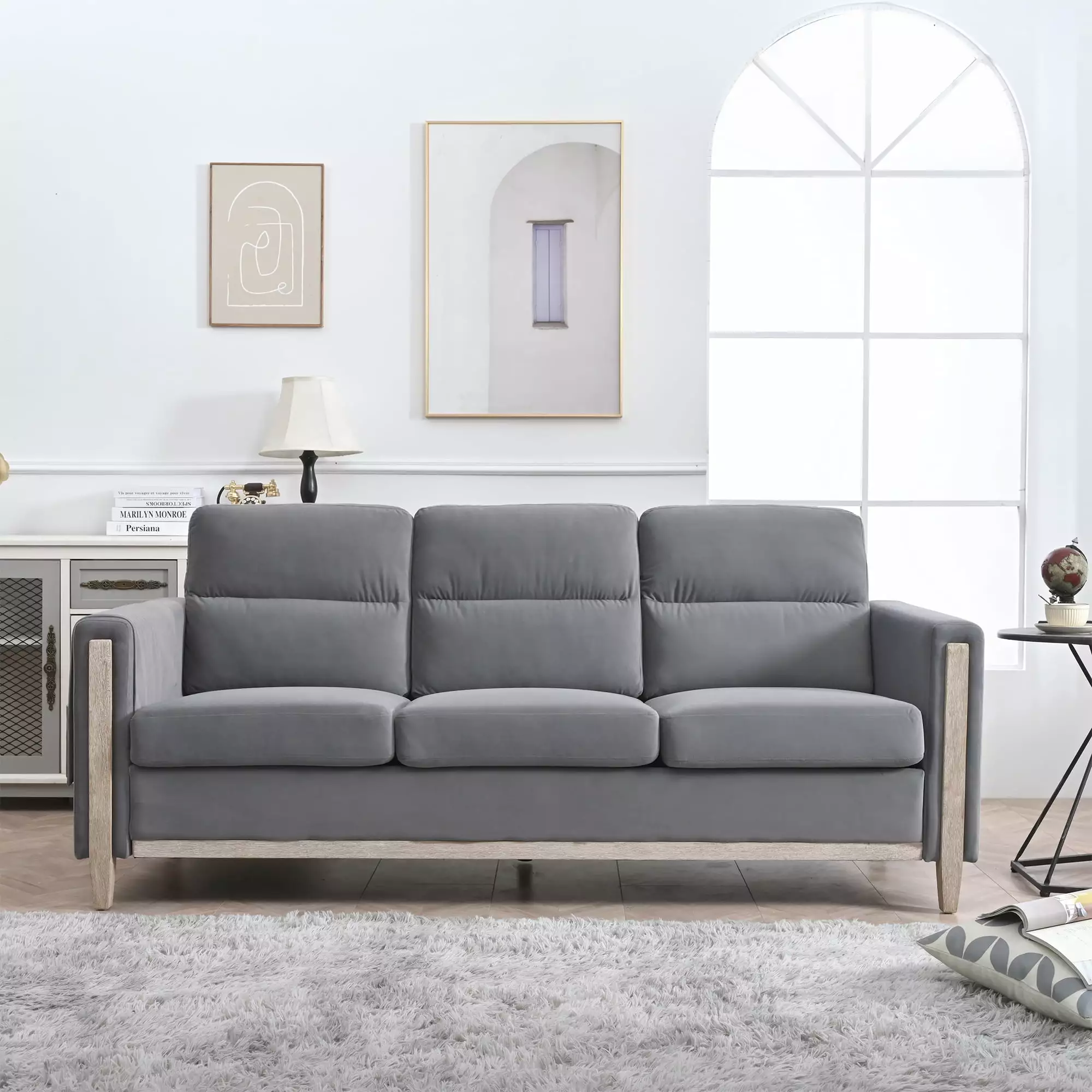 Comfortable Solid Wood Three-Seater Sofa Soft Cushions Durable Long-lasting Imported Rubber Wood Legs High Resilience Spon...