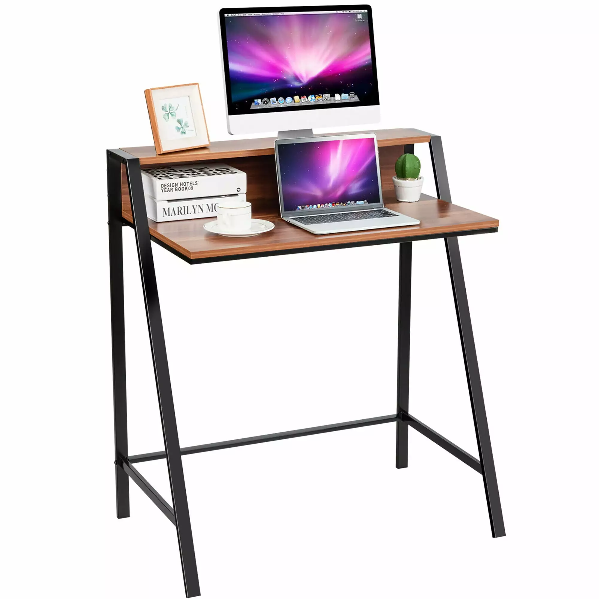 Costway 2 Tier Computer Desk - PC Laptop Table Study Writing Home Office Workstation Storage Shelf