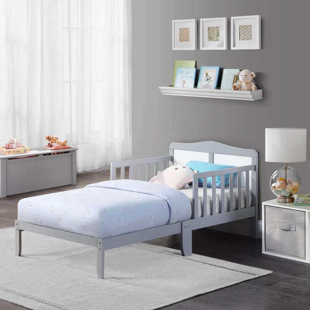 Birdie Toddler Bed Light Gray White Solid Wood Kids Bed simple living