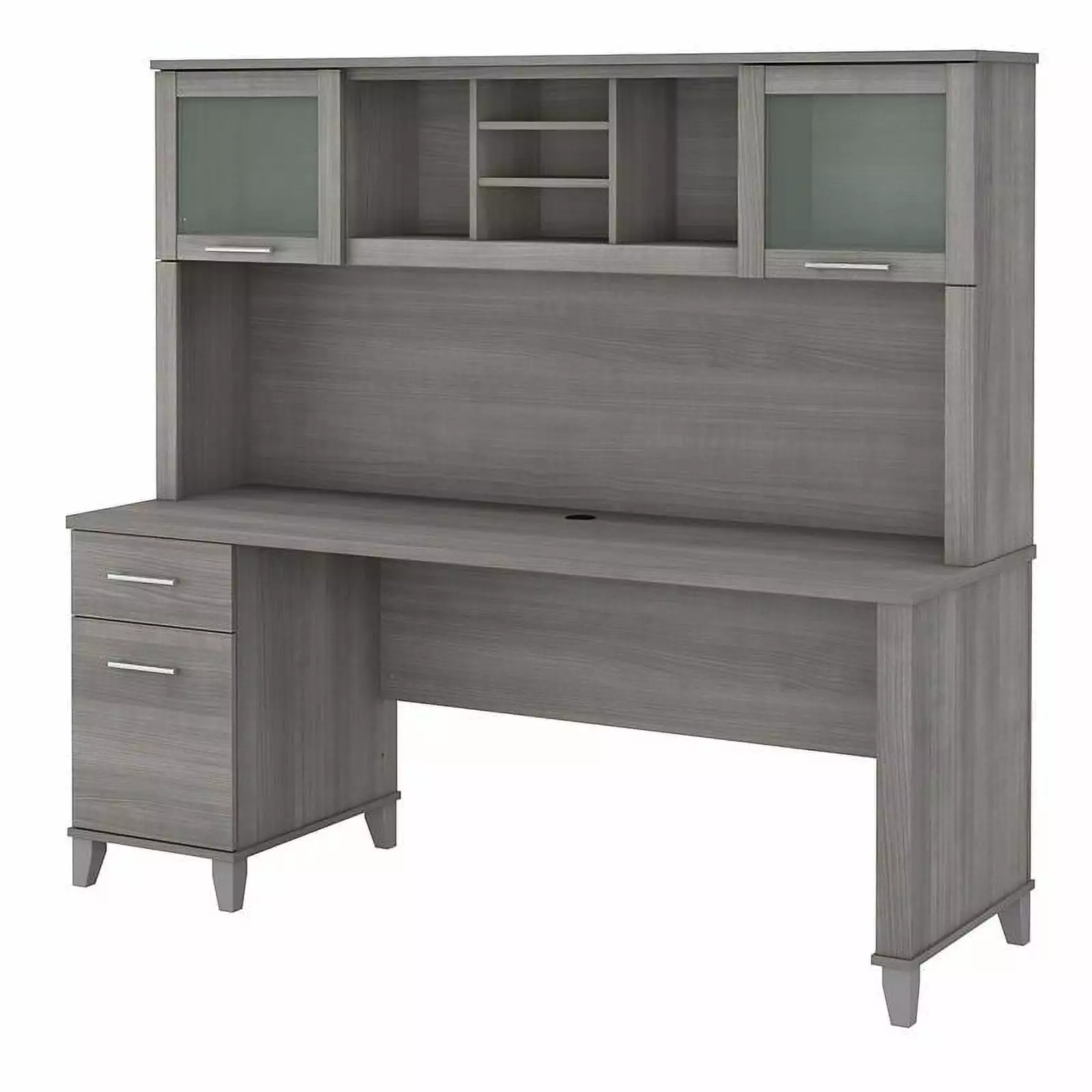 Pemberly Row 72W Gray Office Desk Drawers and Hutch Engineered Wood