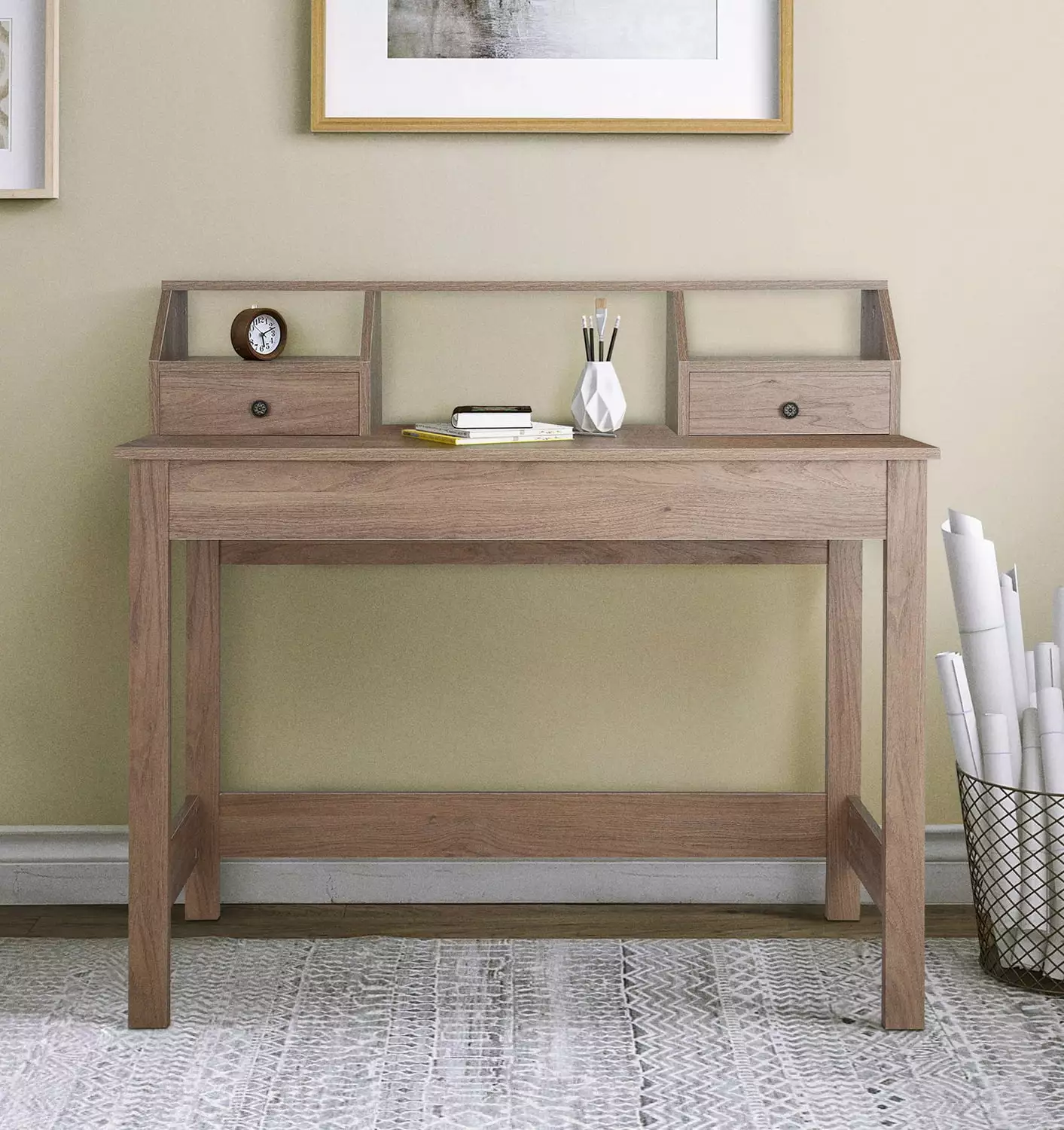 Oak Brown Traditional Wood Desk 2 Drawers and Hutch Saint Birch