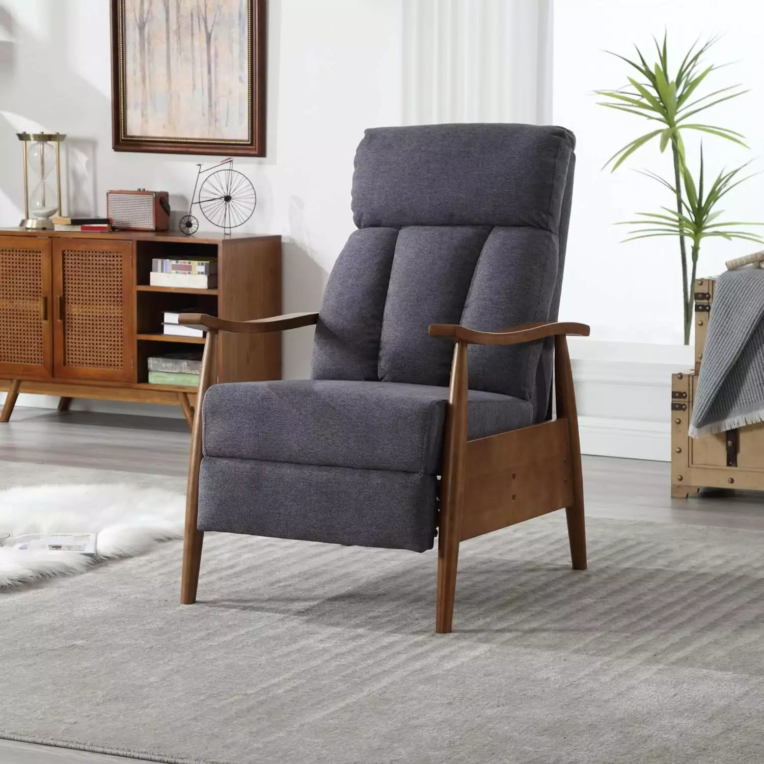 Recliner Chair Wood Frame Armchair Adjustable Foot Rest Dark Grey SEALODY