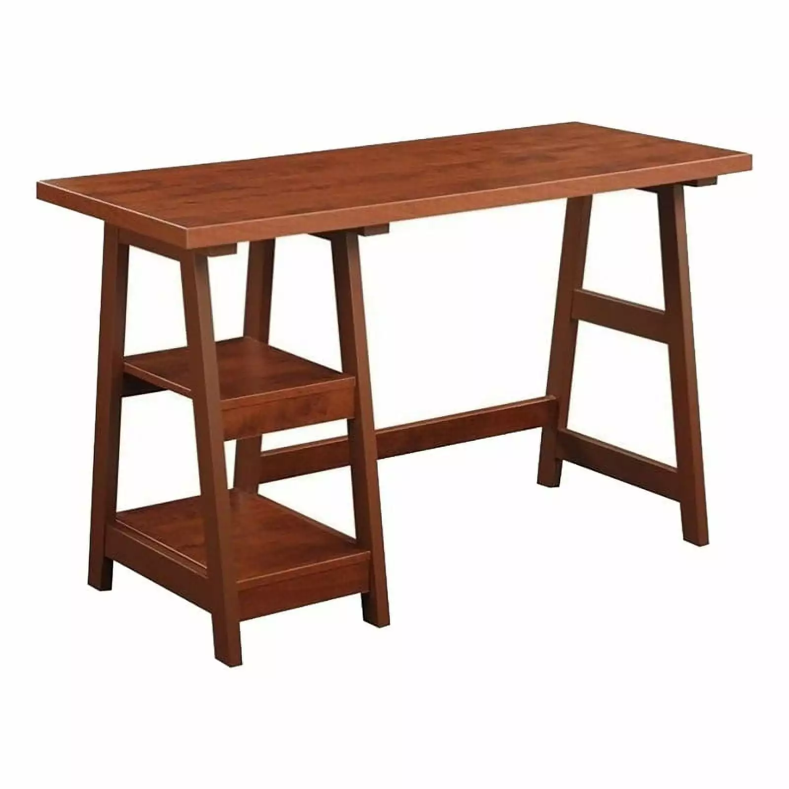 Pemberly Row Contemporary Wood Trestle Desk Shelves Cherry - Stylish Home Office Desk