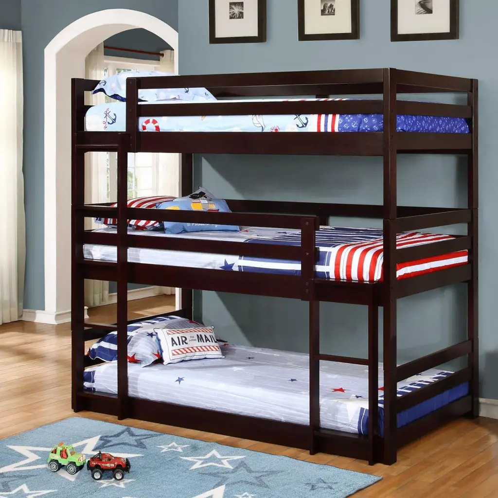 Cappuccino Triple Twin Bunk Bed Brown Wood Transitional Bedroom Set furniture max