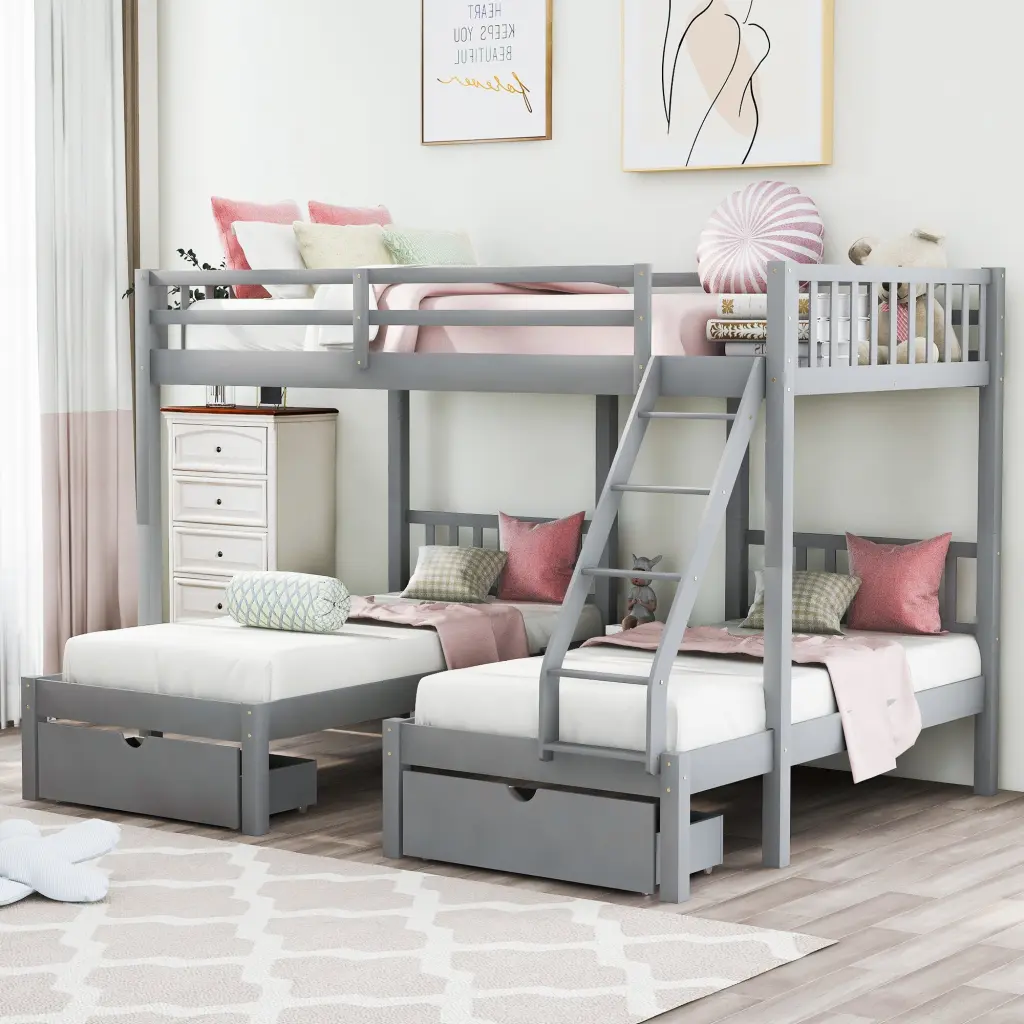 Full Over Twin Triple Bunk Bed Wood Frame Drawers lucky furniture