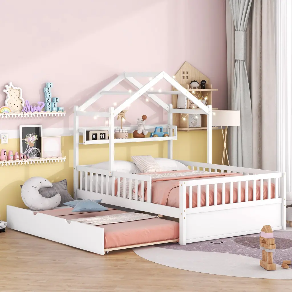 Wooden Full Size Houtilize Bed Twin Size Trundle and Kids Shelf homey life