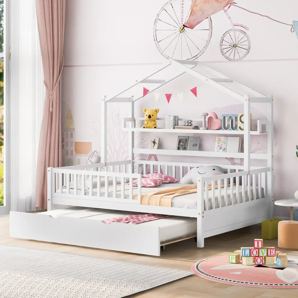 Wooden Full Size Houtilize Bed Twin Size Trundle Kids Bed Shelf homey life