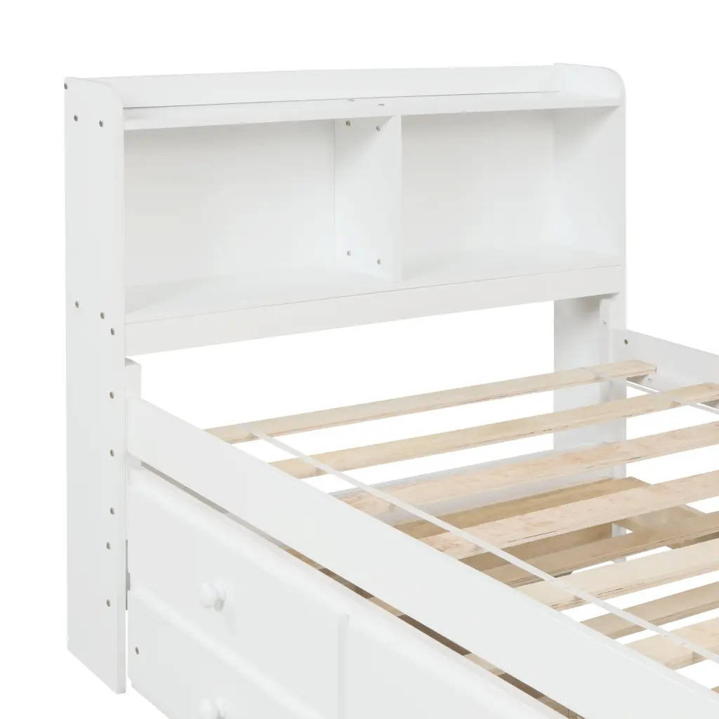 Twin Bed Bookcase Trundle Drawers White Pine Wood Frame inspirit