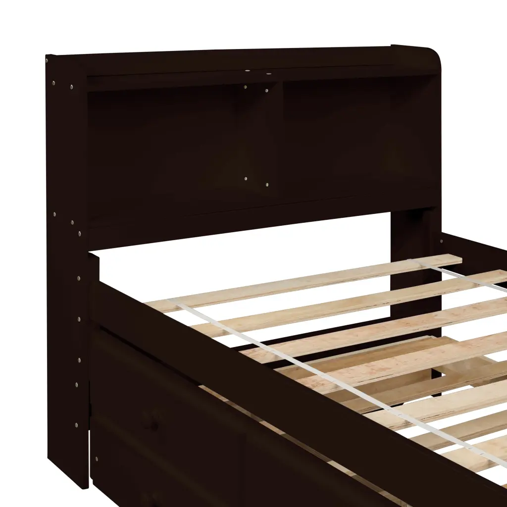 Twin Bed Bookcase Twin Trundle Drawers Espresso Pine Wood Finish inspirit