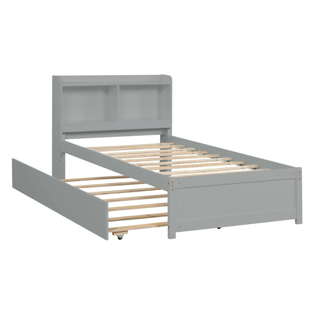 Twin Bed Trundle and Bookcase Grey Pine Space Saving inspirit
