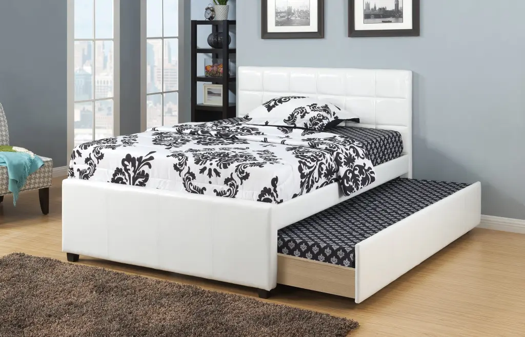 Full Size Bed Trundle Slats White Faux Leather Upholstered Plywood Frame kanepe