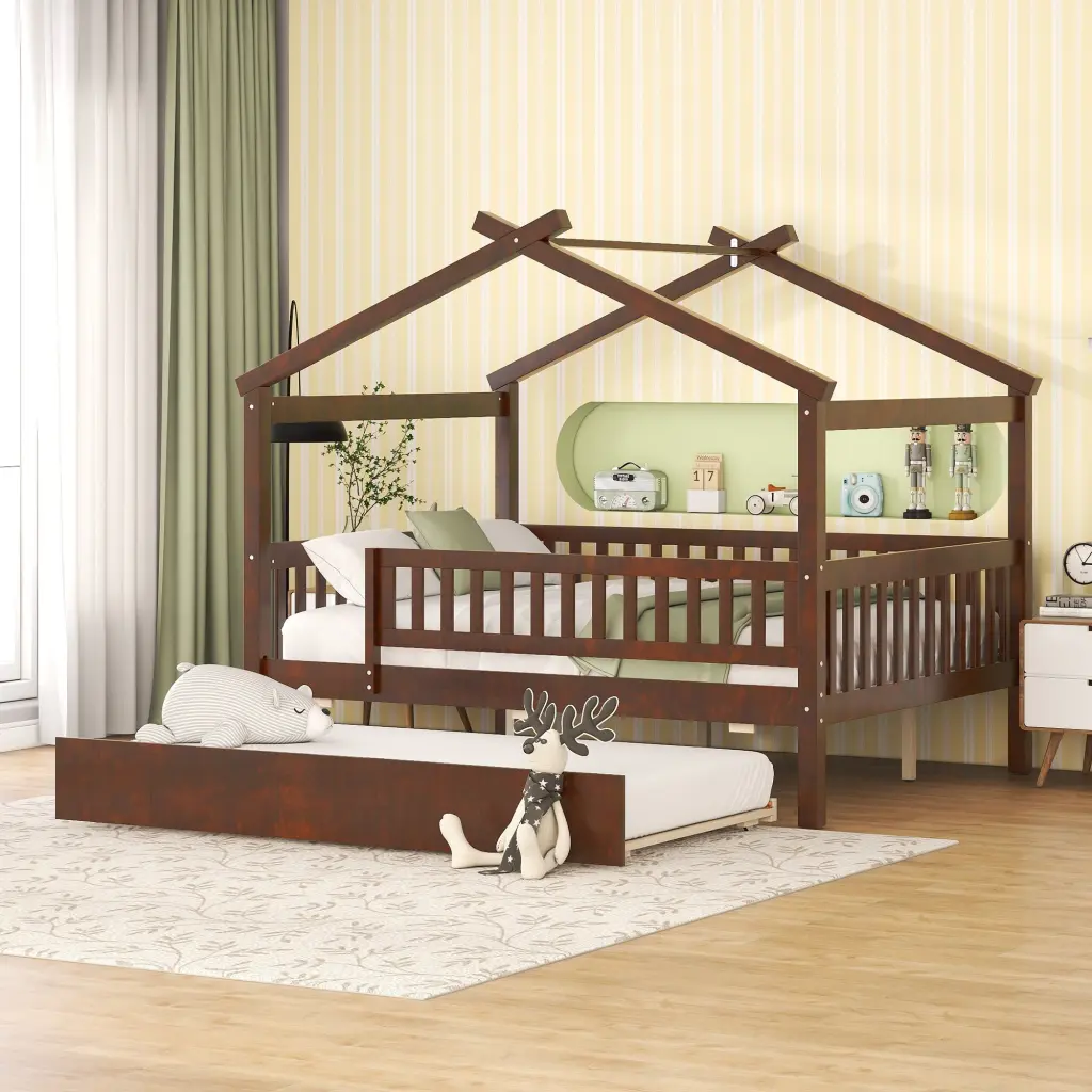 Full Size Wooden Houtilize Bed Twin Size Trundle Walnut Finish lucky furniture