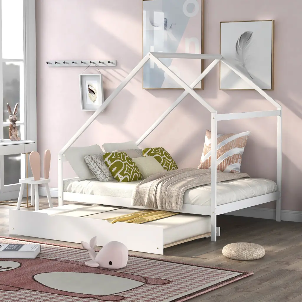 Full Size Wooden Houtilize Bed Twin Size Trundle White Solid Wood lucky furniture
