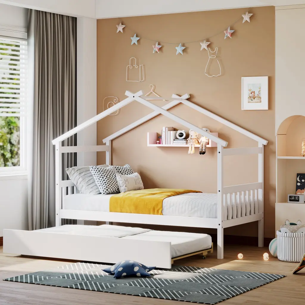 Twin Size Wooden Houtilize Bed Twin Size Trundle White Solid Wood lucky furniture