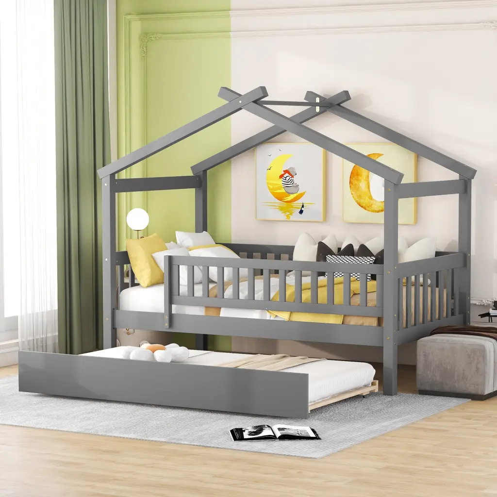 Twin Size Wooden Houtilize Bed Twin Size Trundle Gray Solid Wood Frame lucky furniture