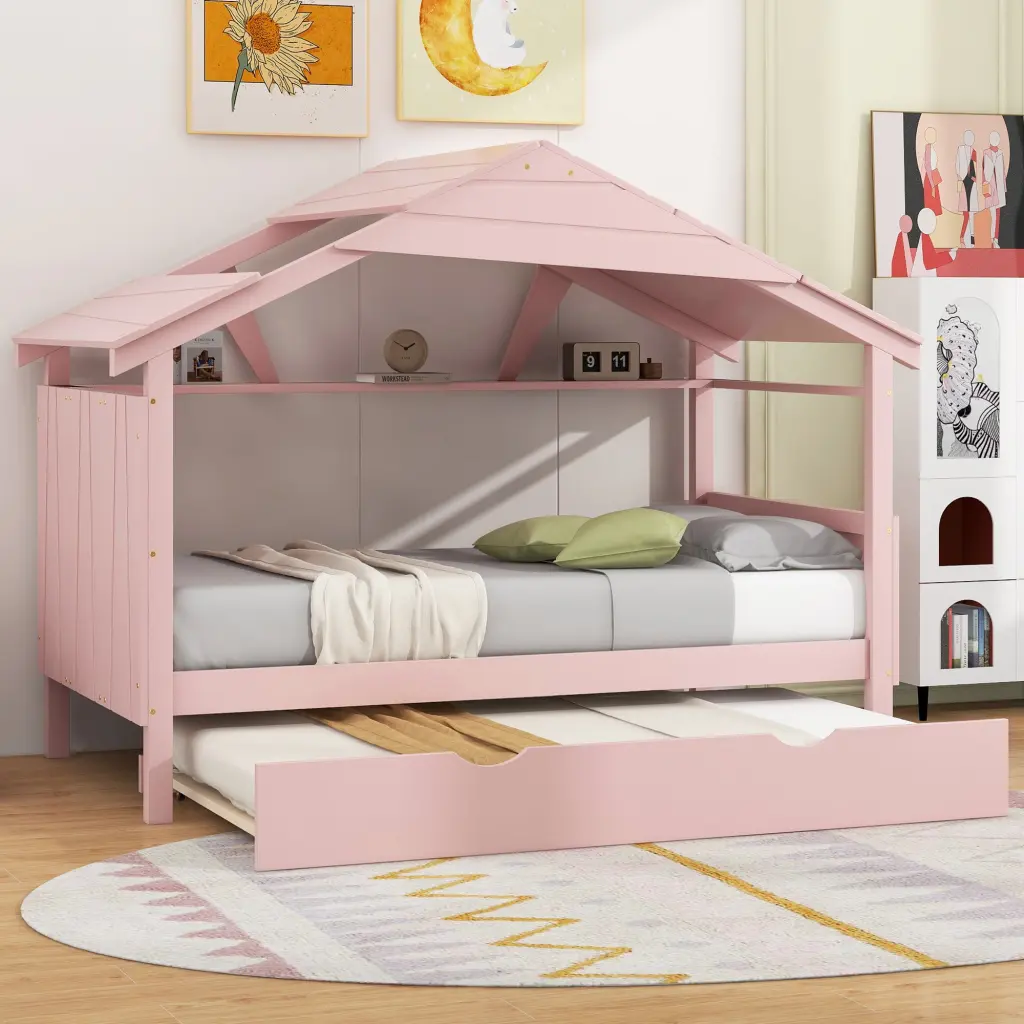 Wood Twin Size Houtilize Bed Trundle And Storage Pink No Box Spring Needed wm store