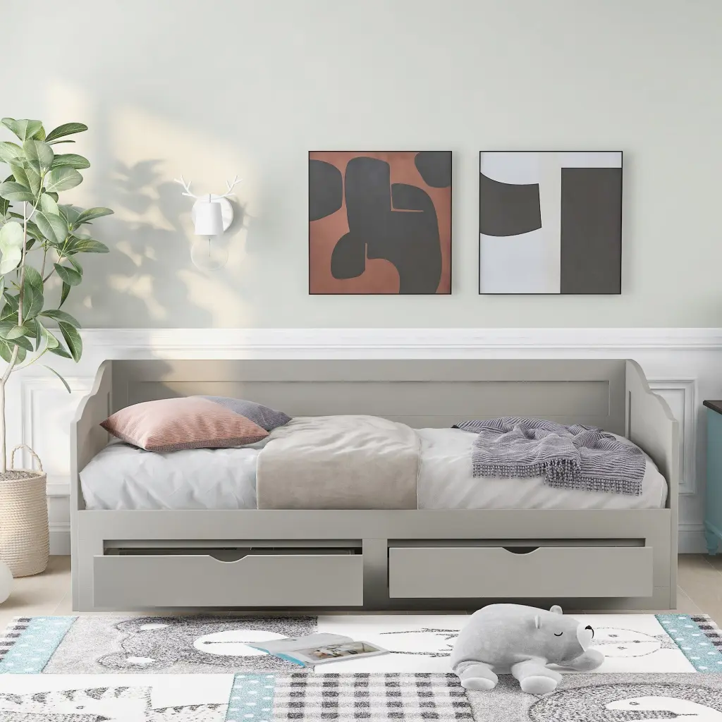 Wooden Daybed Trundle Bed And Two Storage Drawers, Extendable Design lucky furniture