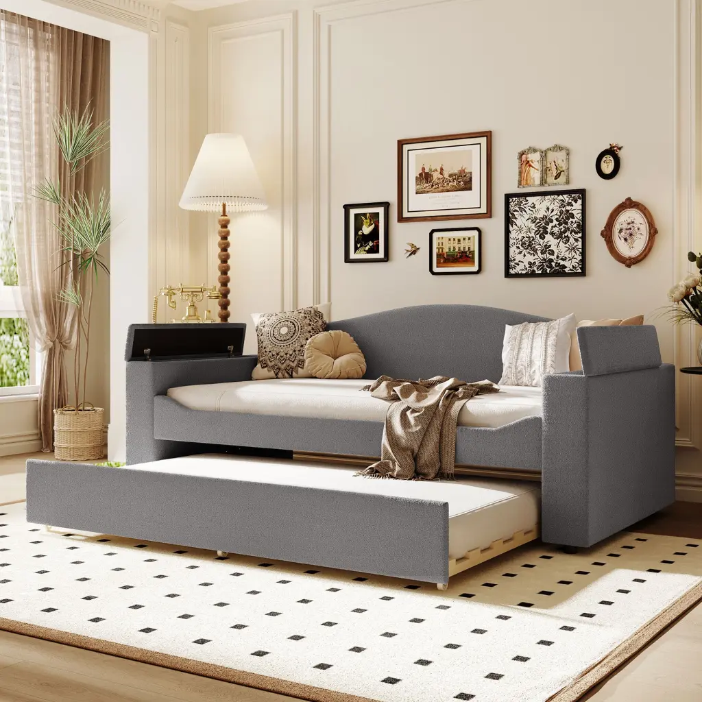 Twin Size Upholstered Daybed Storage Armrests Trundle Bed Modern Guest Bed lucky world