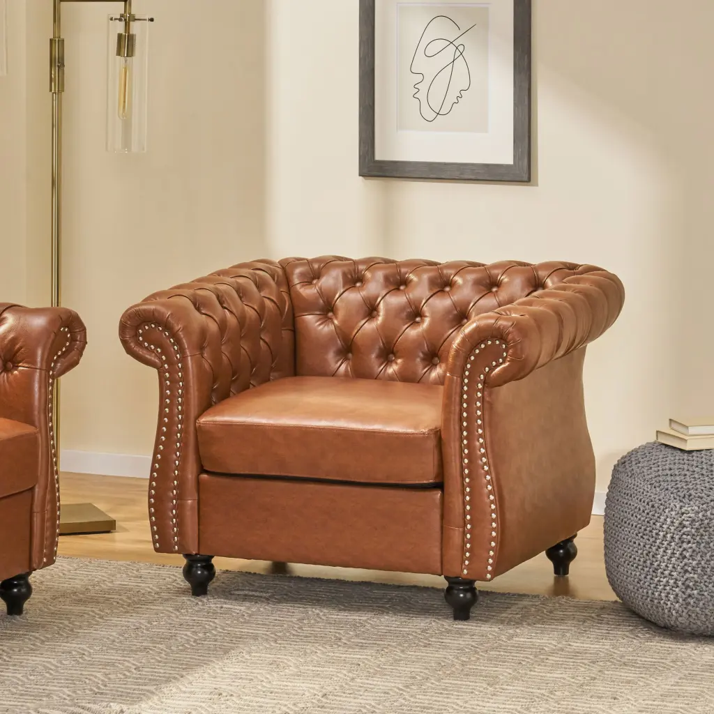 Mirod Tufted Accent Chair PU Living Room Light Brown nh-mirod