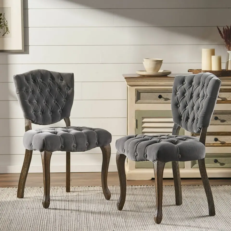 KD Tufted Chair Set 2 Charcoal Altay Velvet Comfortable Living Room Seating nh-perfect home