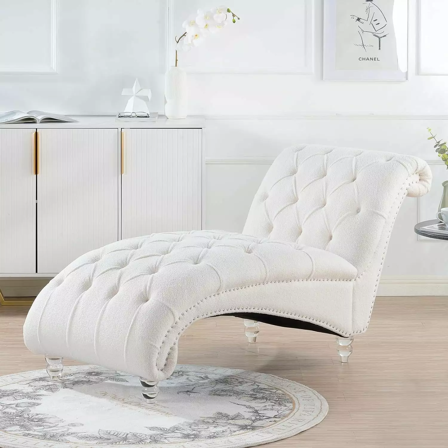 Modern Tufted Recliner Indoor Lounge Armless Chair Comfortable Reading Chair White Fabric Yatoro