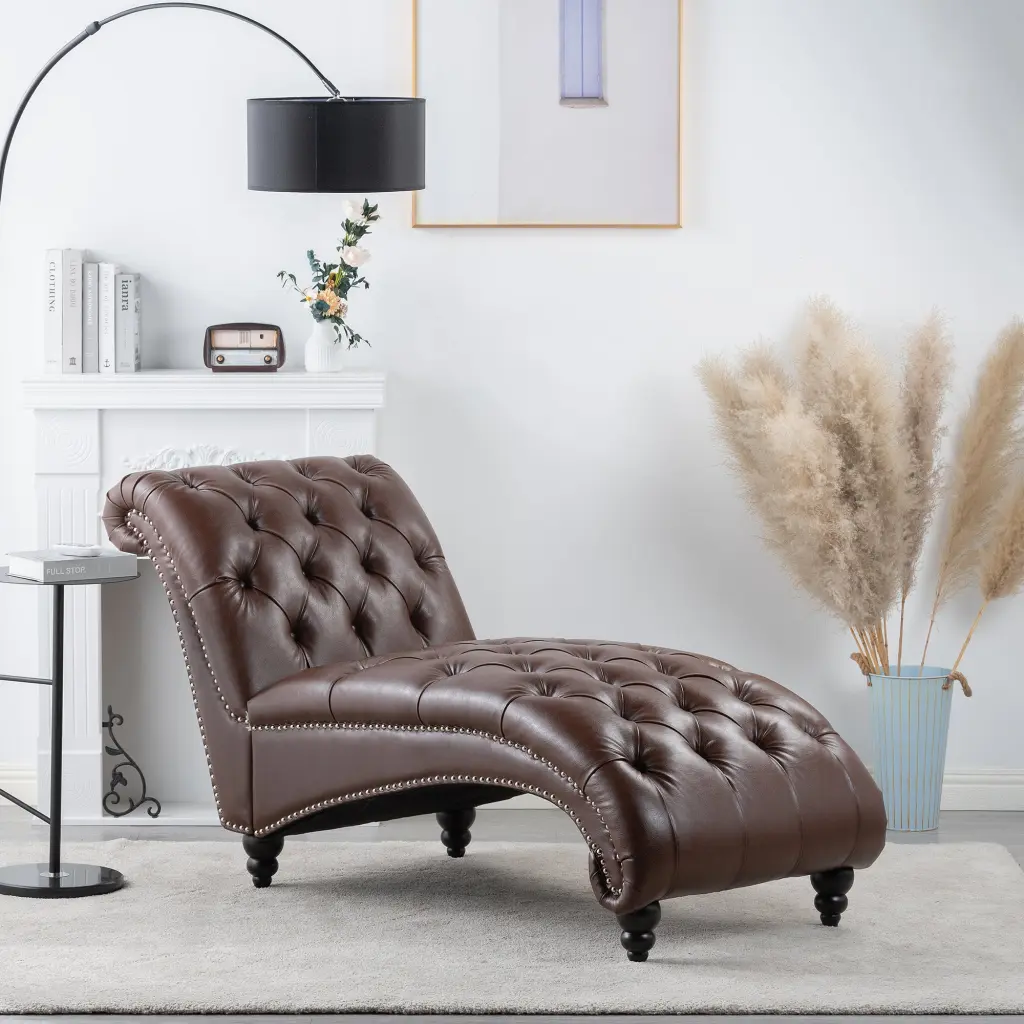 Tufted Armless Chaise Lounge Dark Brown PU Leather rnb